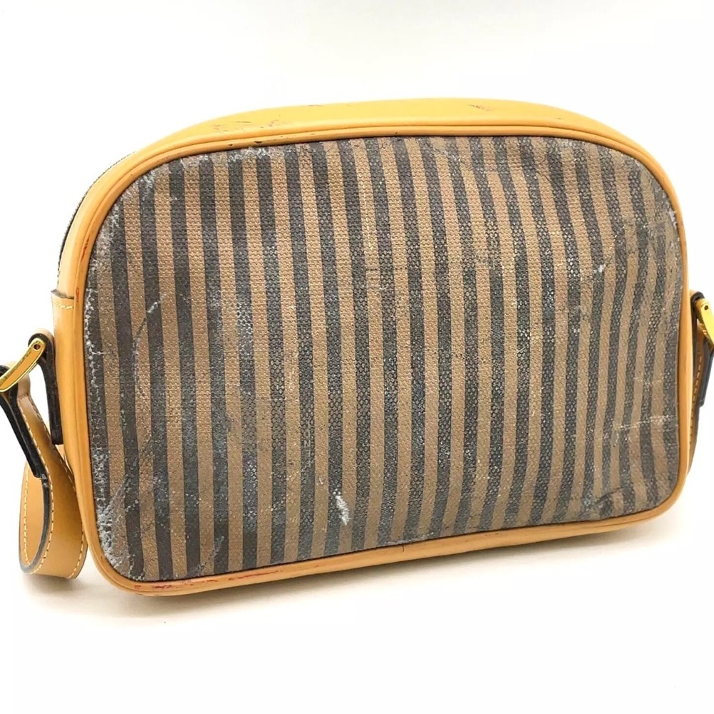 Auth Fendi Pequin Striped Canvas × Leather Beige Shoulder Bag - Picture 2 of 16